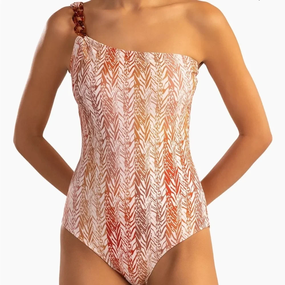 Shoshanna One Piece Swimsuit One Shoulder Chain Detail Amber Safari Print Size 4